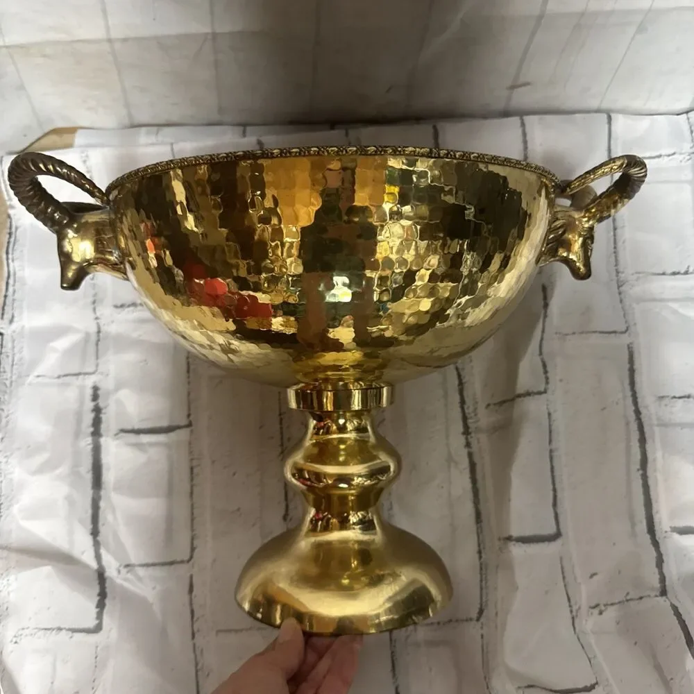 Vtg Hollywood Regency MCM Large Chalice Pedestal Bowl Rams Horns